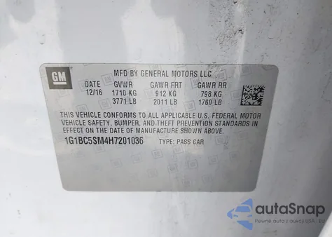 2017 Chevrolet Cruze Ls Auto z USA, uszkodzony, nr VIN 1G1BC5SM4H7201036